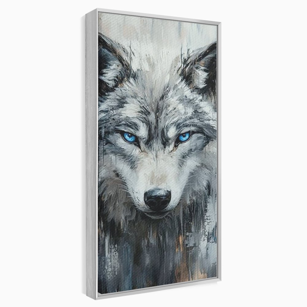 Tablou canvas cu tablou canvas cu portret de lup, in rama de aluminiu argintiu